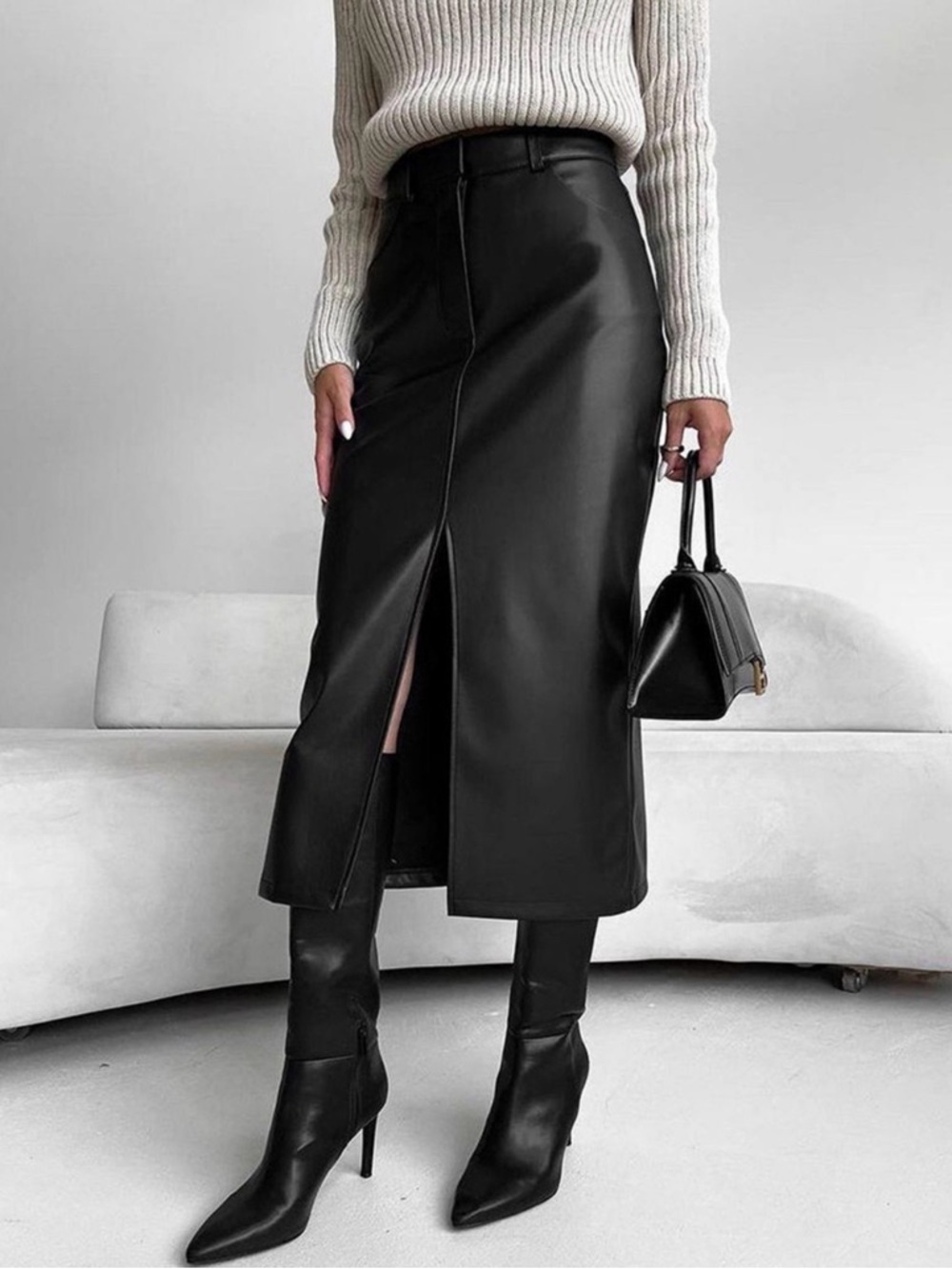 Commense Black Faux Leather Midi Skirt with Front Center Slit